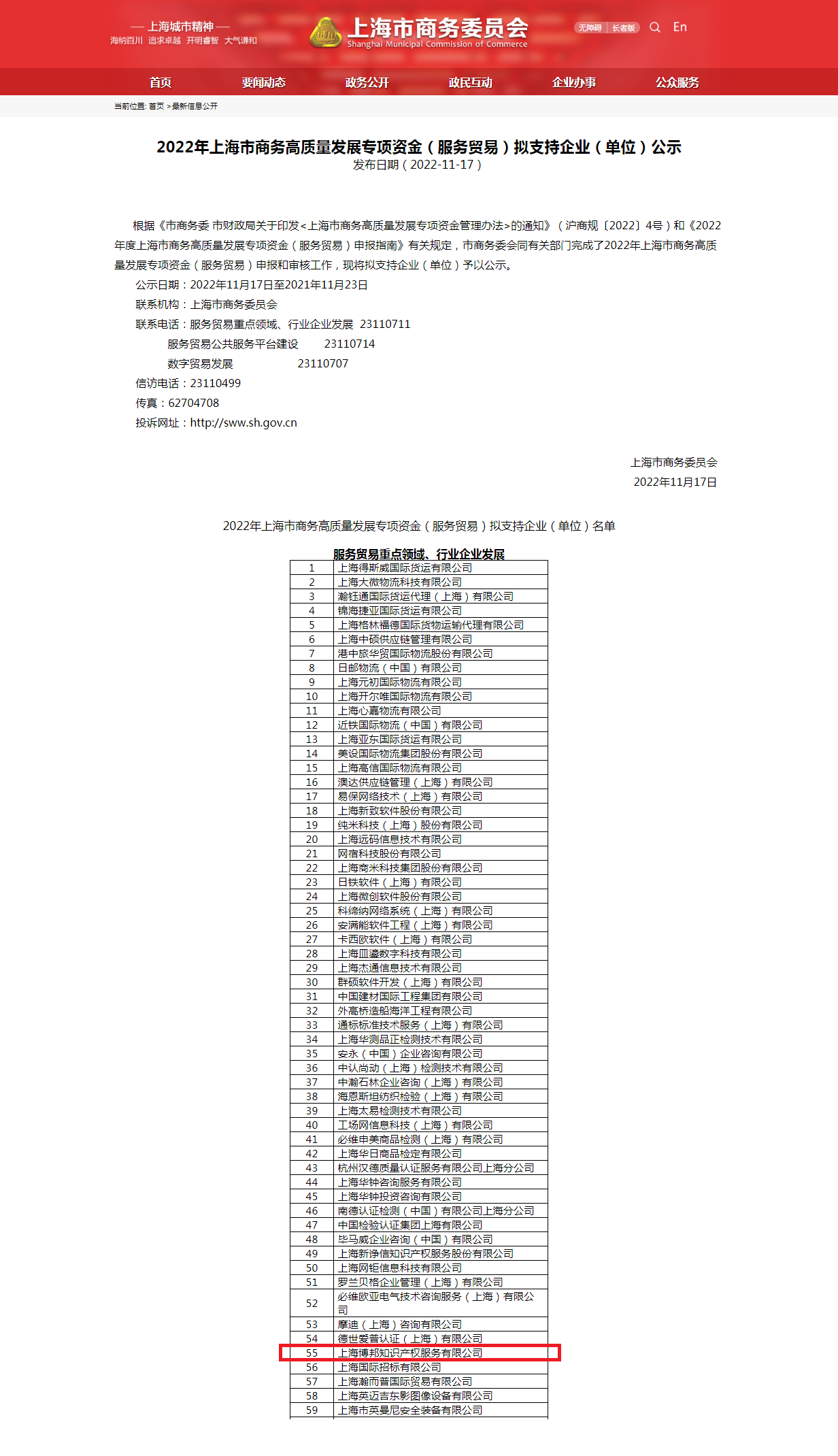 2022年上海市商务高质量发展专项资金（服务贸易）拟支持企业（单位）公示_最新信息公开_上海市商务委